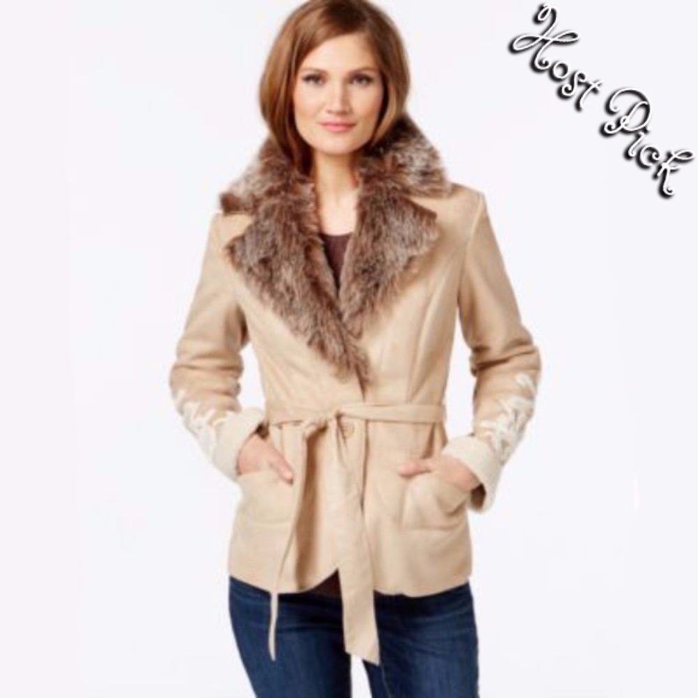 Host Pick INC Fur Embroidered Belted Peacoat